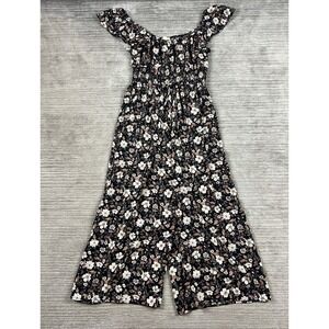 Pie In the Sky Jumpsuit Romper Womens L Black Floral Boho Smocked Wide Leg